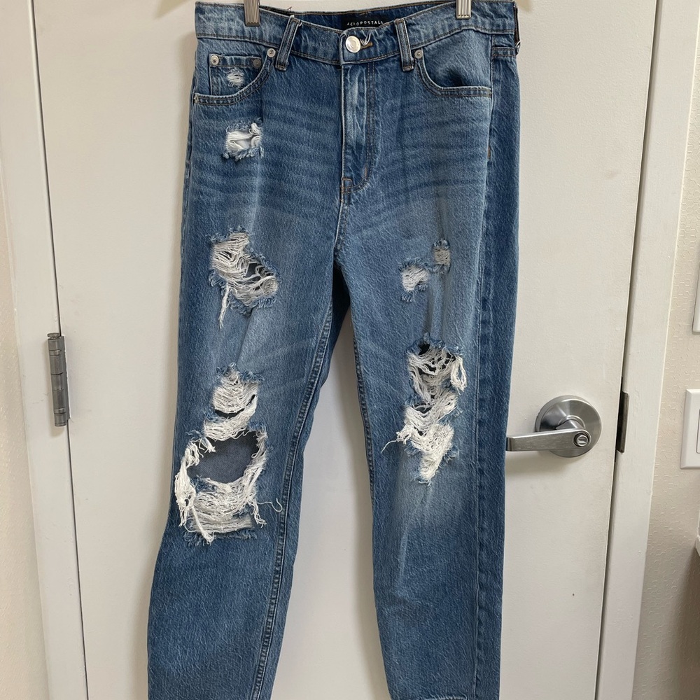 Aeropostale Mom‎ Jean Blue Jeans, Distressed and Ripped Style, Size 10